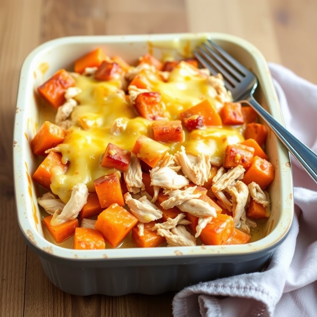 A delicious chicken and sweet potato casserole topped with melted cheese, ready to be served.